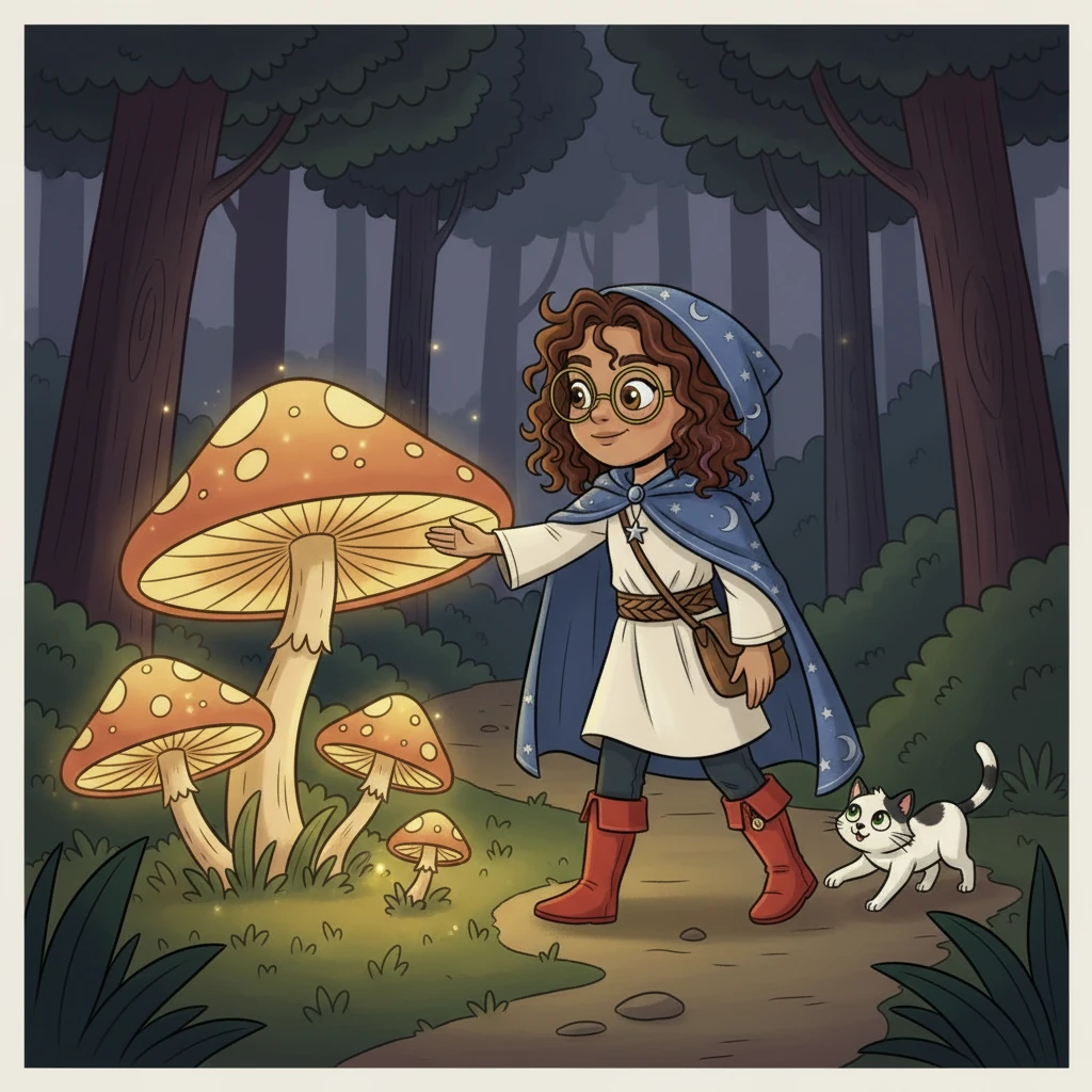 The woods grew darker, but then Luna saw a glowing mushroom patch, illuminating their way. The mushrooms pulsed with soft, warm light, making the path feel safe and cozy. Mittens batted playfully at a low-hanging glowing cap.