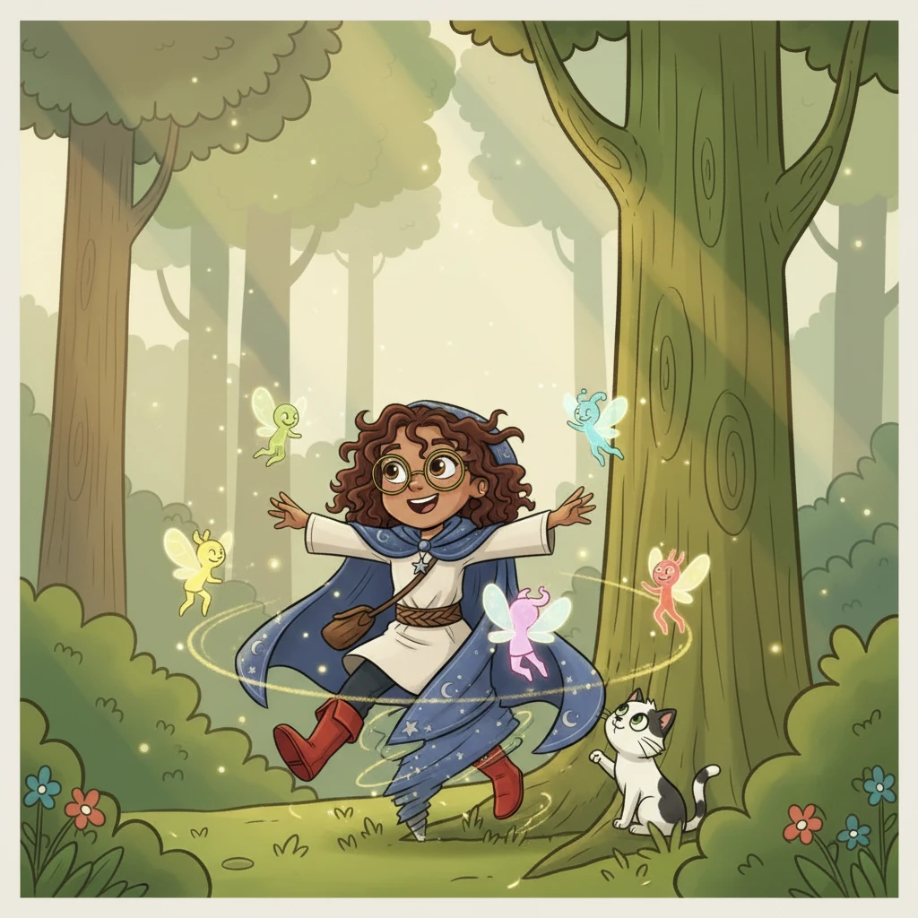 They stumbled upon a clearing where playful sprites danced around a giant, ancient oak tree. The sprites invited Luna and Mittens to join their joyful dance. Luna spun and twirled, feeling light as air.