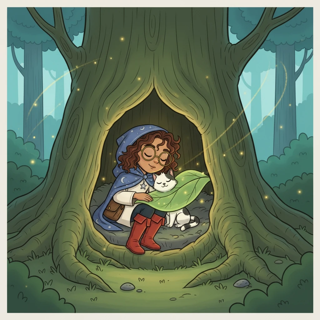 As evening approached, Luna and Mittens found a cozy hollow in the roots of a giant tree. The fairy tucked a glowing leaf over them like a blanket. They snuggled together, safe and sound, as the forest hummed a lullaby.