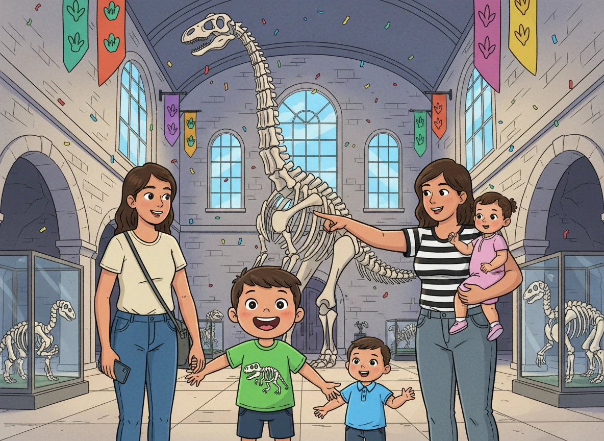 La familia, llena de emoción, se preparó para la aventura. Eydan, con una camiseta de T-Rex, no podía dejar de sonreír.  Karol, Renata y Jonas también estaban ansiosos por ver los esqueletos gigantes.