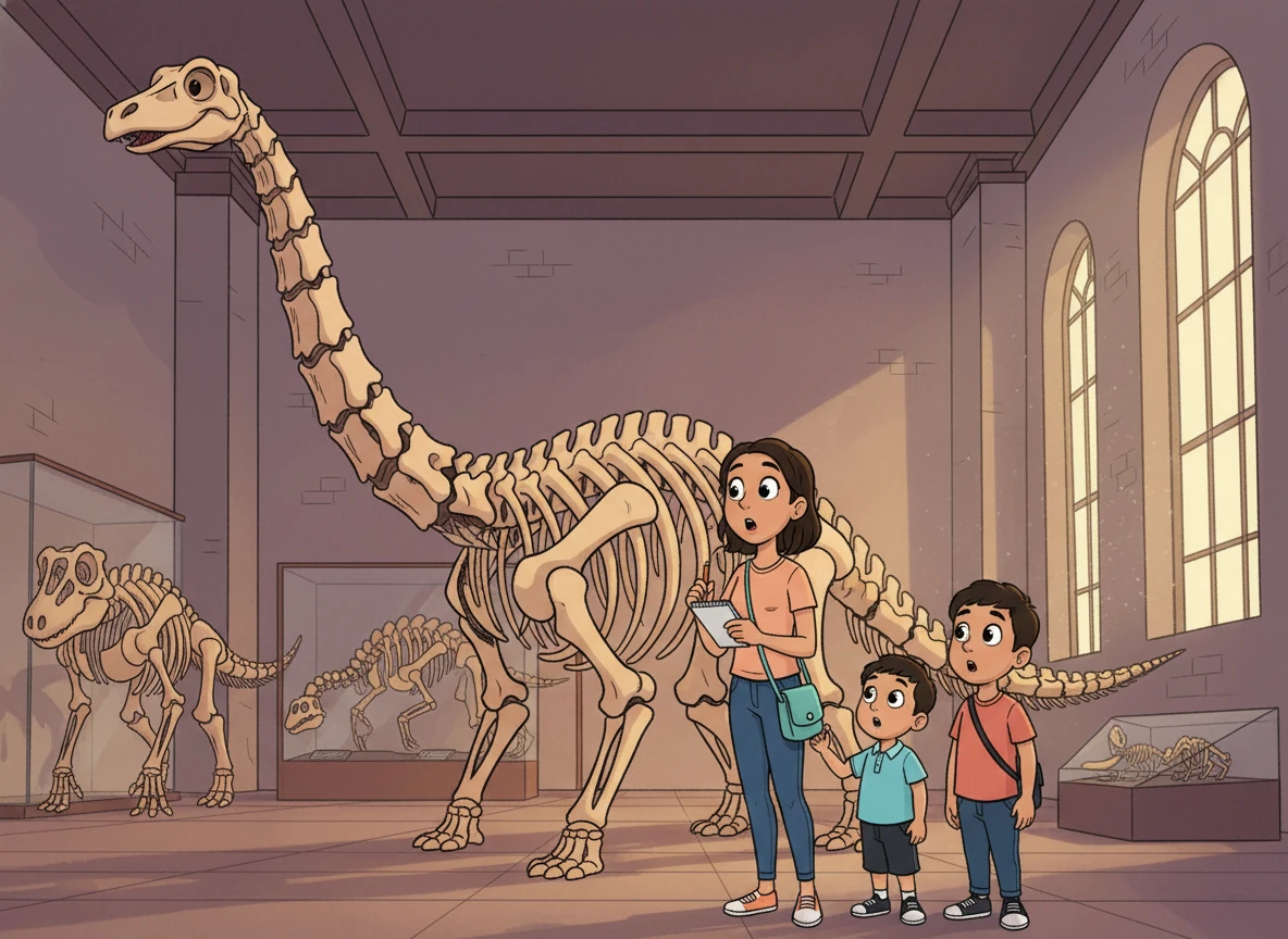 Al entrar al museo, se quedaron boquiabiertos. Un enorme Diplodocus les daba la bienvenida. Jacibe, con una libreta y un lápiz, estaba lista para dibujar todo lo que veía.