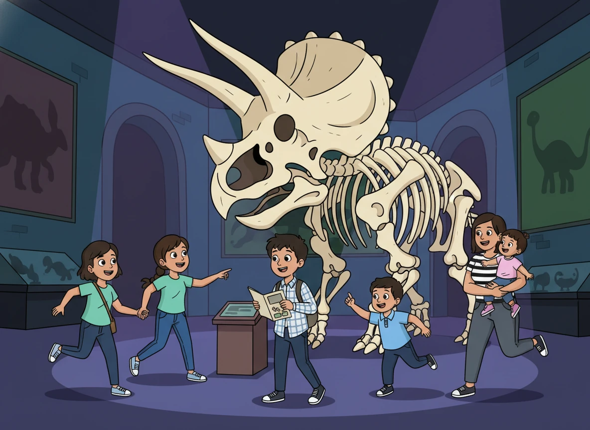 En la primera sala, se maravillaron con el esqueleto de un Triceratops. Eydan, fascinado, leía cada cartel informativo. Karol, Renata y Jonas corrían de un lado a otro, explorando.