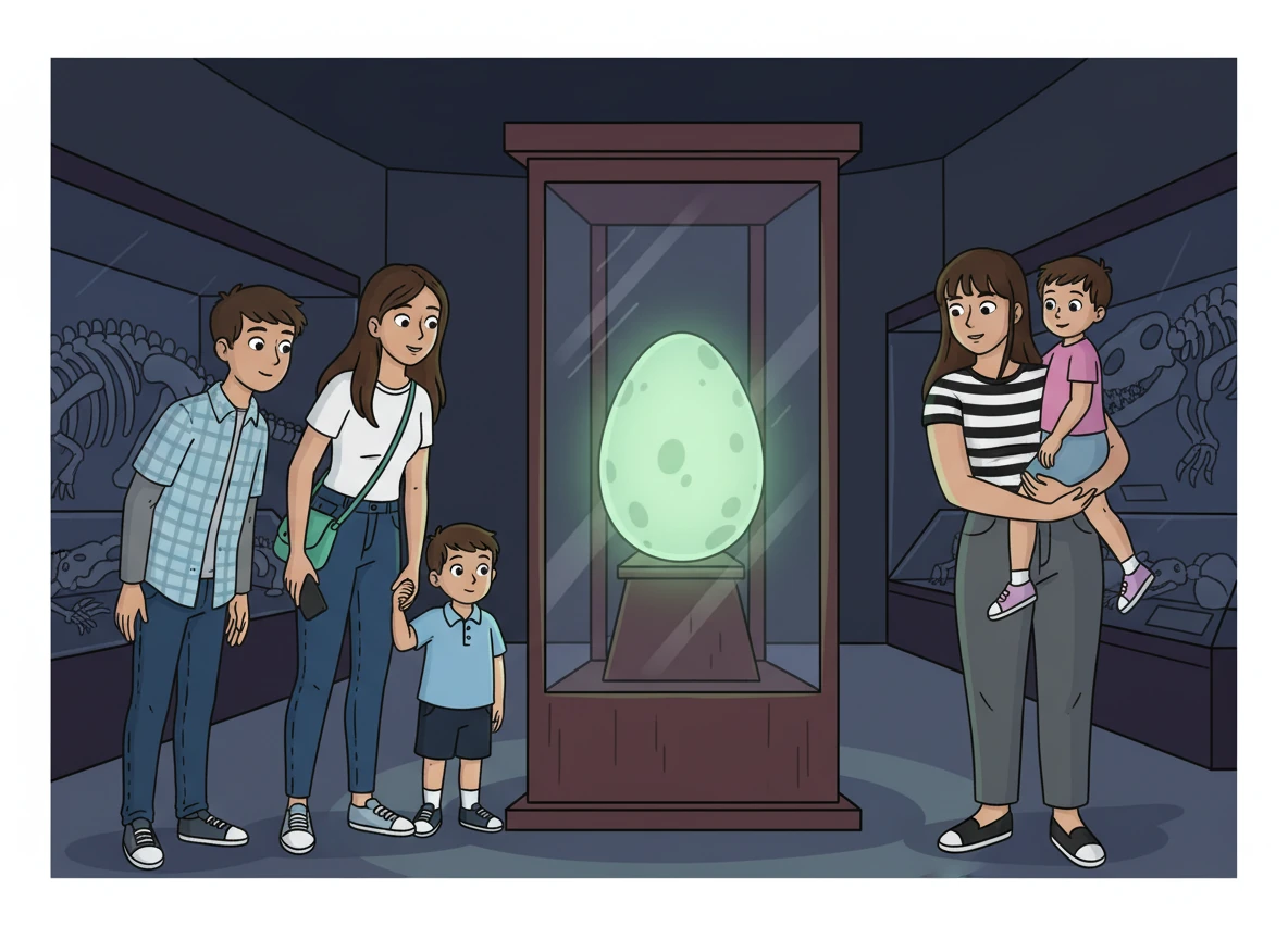 De repente, escucharon un sonido extraño. Provenía de una vitrina oscura. Intrigados, se acercaron, y vieron un huevo de dinosaurio que parecía brillar.