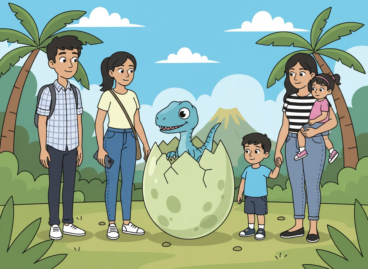 El huevo comenzó a agrietarse. Todos se acercaron con curiosidad y un poco de miedo. De repente, un pequeño dinosaurio, un bebé velociraptor, salió del cascarón.