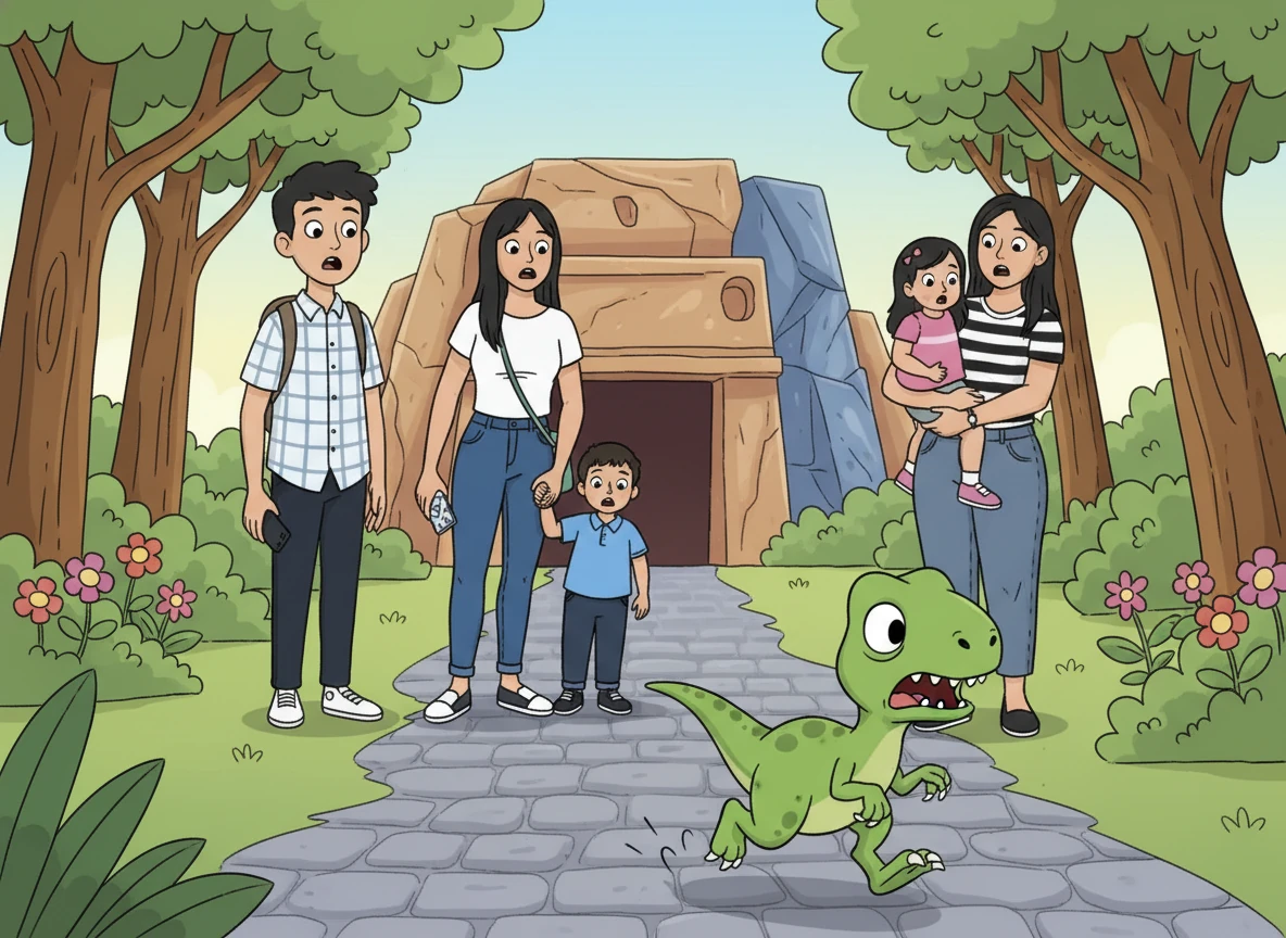 El pequeño velociraptor, asustado, corrió hacia Eydan, Karol, Renata, Jonas y Jacibe. Los niños, sorprendidos, no sabían qué hacer.