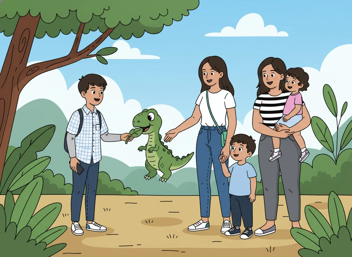 Eydan, con calma, le ofreció una hoja de un árbol. El pequeño dinosaurio la aceptó y comenzó a comer. Los hermanos y la prima se unieron, cuidando al pequeño.