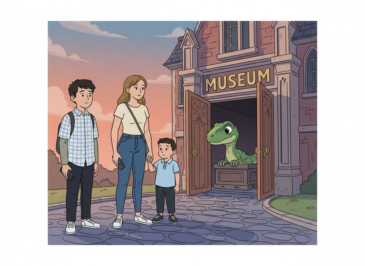 Después de un tiempo, los niños, con tristeza, dejaron al bebé velociraptor en un lugar seguro del museo, prometiéndole visitarlo. Al salir, sabían que habían vivido una aventura inolvidable.