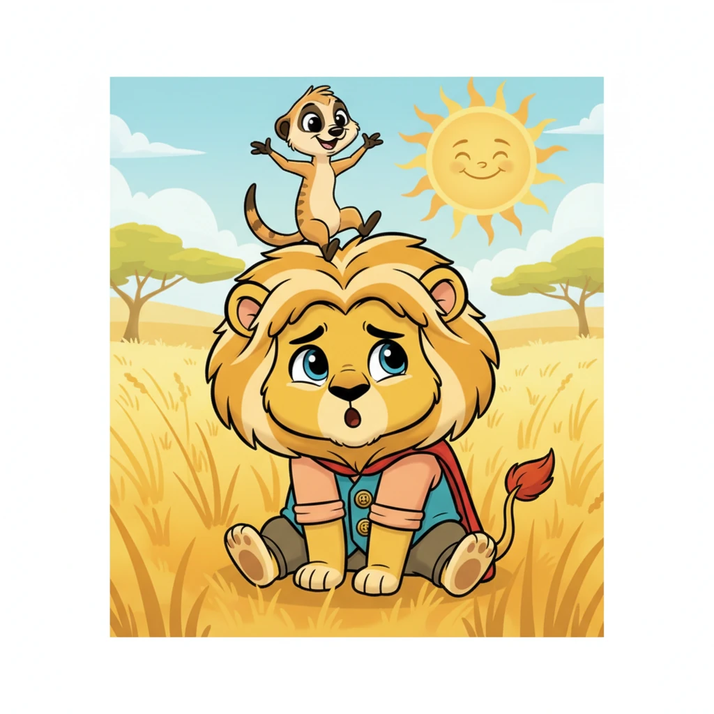 Leo, a young lion with a magnificent, sun-bright mane, sits nervously in the vibrant savanna. He attempts a roar, but only a tiny "mew" escapes his lips, making him shrink a little. His best friend, Pip the energetic meerkat, bounces on his head with a cheerful grin, trying to cheer him up. The golden grasses sway around them under a big, friendly sun.