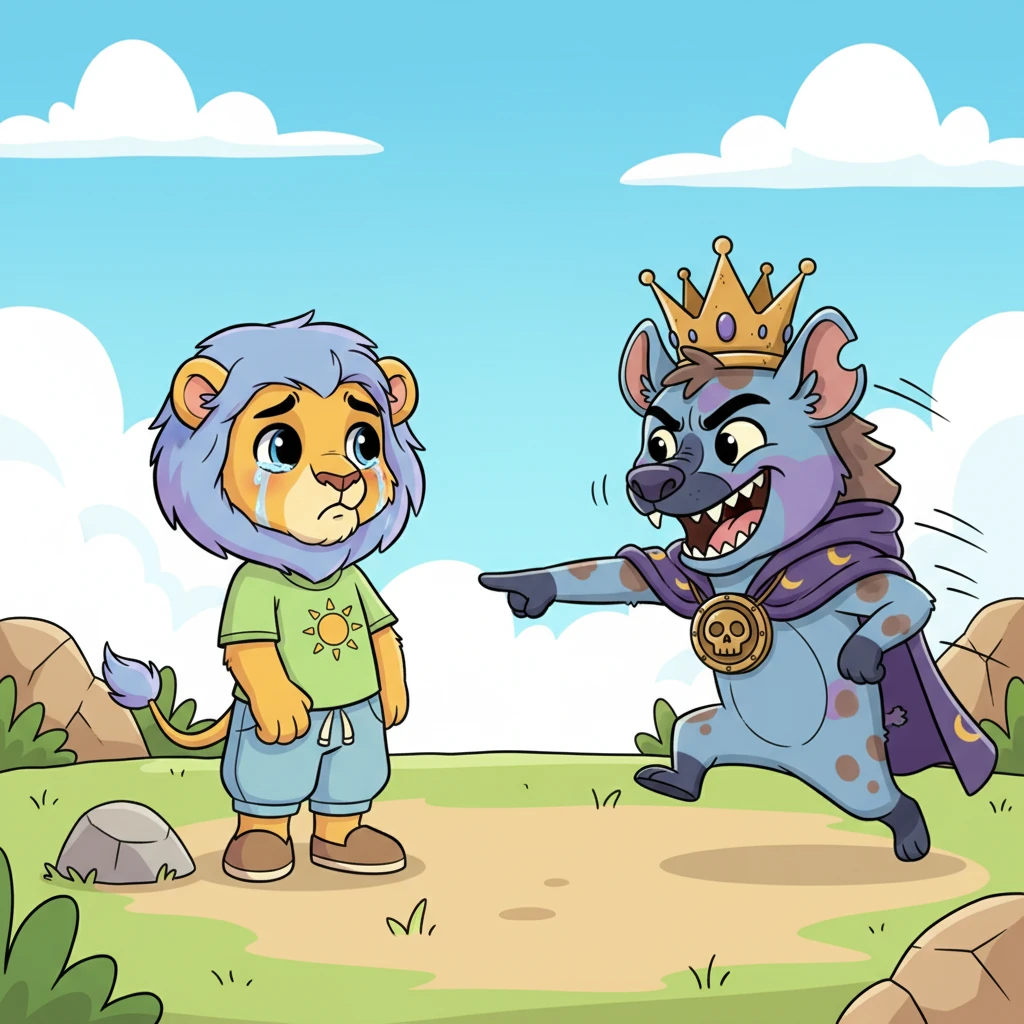 Suddenly, the cunning Evil Hyena sneaks up, his eyes glinting mischievously. He points a claw at Leo, bursting into cruel laughter, "Hahahaha! Listen to the king of the jungle! A little meow!" Leo's face droops with sadness, and he quickly hides his large body behind a small, comical rock, looking utterly disheartened.