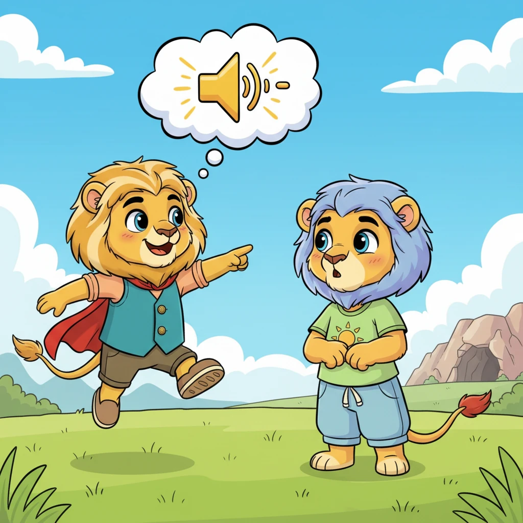 Pip, determined to help, springs into action with an excited hop. "I've got it, Leo! The legendary Echo Cave!" he exclaims, pointing dramatically towards the horizon. Leo's eyes widen with a spark of hope, his previously sad expression transforming into one of curious anticipation. A whimsical thought bubble appears above Pip's head, showing a booming sound wave.