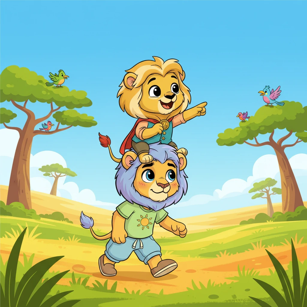 Their adventure begins! Leo and Pip journey across the vast, colorful savanna, filled with towering baobab trees and playful birds. Leo strides with a hesitant but hopeful gait, while Pip rides joyfully on his shoulder, pointing the way with an exaggerated gesture. The landscape is a swirl of bright greens, yellows, and oranges, stretching under a clear blue sky.