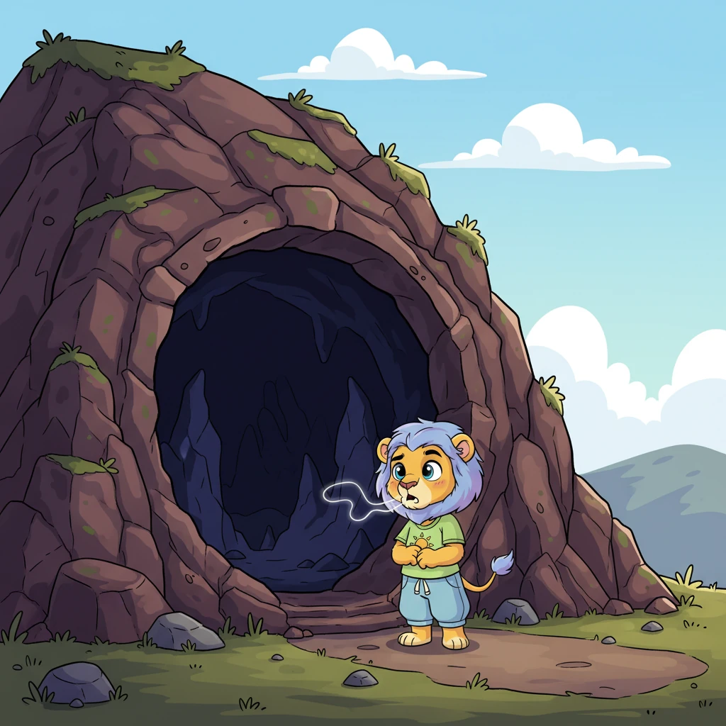 They arrive at the entrance of the Echo Cave, a gaping maw in a rocky hill, shrouded in mysterious shadows. Inside, the cave looks dark and a little spooky, with strange rock formations. Leo stands timidly at the threshold, taking a deep, shaky breath, and lets out a tiny, wavering "I... I'm here." The cave walls seem to absorb his small voice.