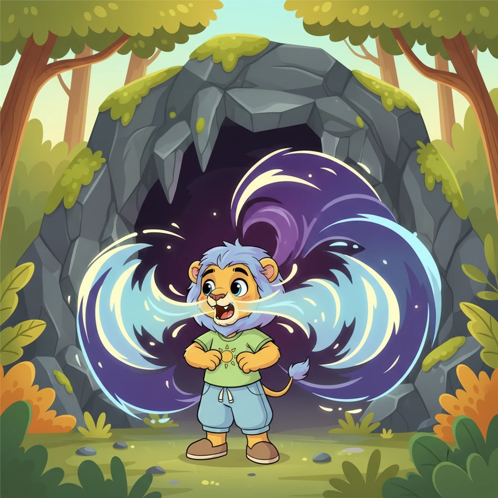 To their amazement, the cave responds with a deep, booming echo that vibrates through the air, "I... I'm here... here... here!" Encouraged, Leo tries again, puffing out his chest a little more, and lets out a slightly louder "Roar!" The cave roars back with incredible force, "ROOOOAR! ROOOOAR!", making Leo jump back in surprised delight.