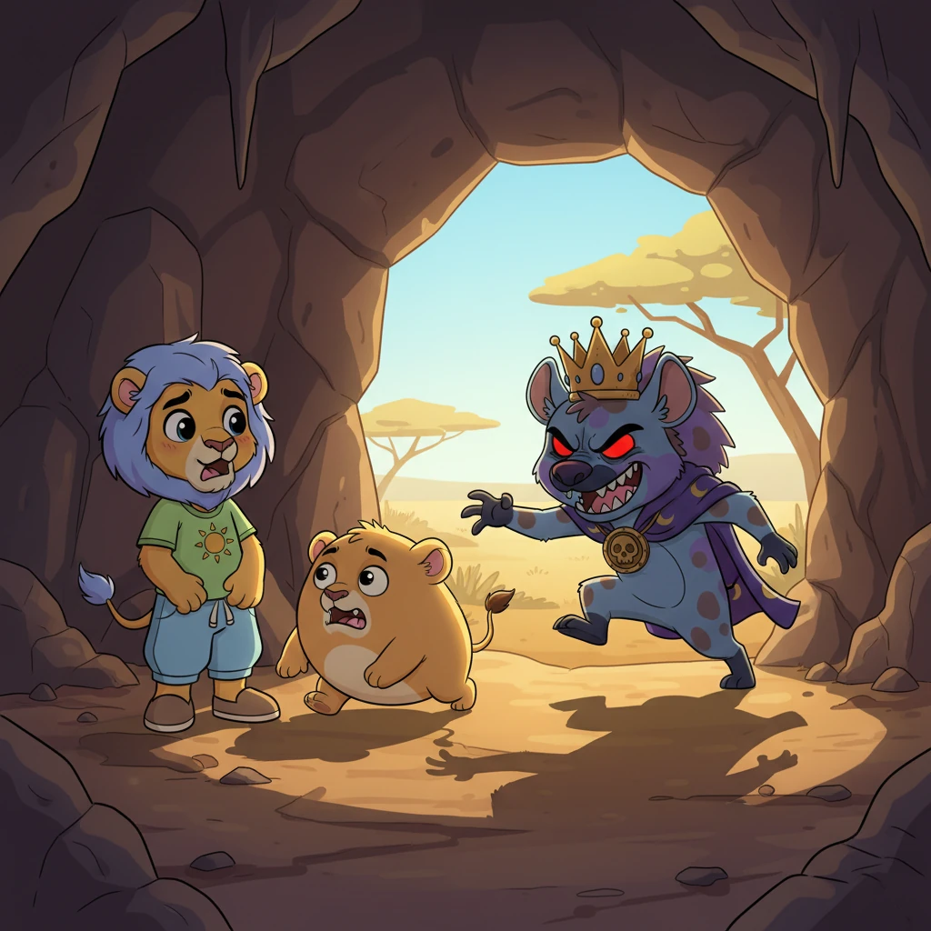 Just as Leo feels a surge of confidence, the Evil Hyena reappears at the cave entrance, his silhouette framed against the bright savanna. His eyes are narrowed into menacing slits as he sneers, "I found you, you scaredy-cat! And I'm taking your little friend!" He lunges forward, reaching a claw towards a startled Pip, who scrambles back in fear.