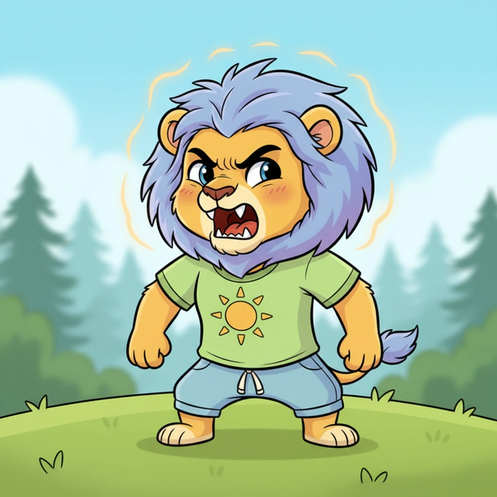 A sudden, fierce protectiveness washes over Leo. His gentle eyes narrow with a fire he's never felt before, and his magnificent mane seems to bristle with raw energy. He forgets his shyness entirely, his chest swelling with a powerful, building roar. His expression is one of pure, determined fury, ready to defend his friend.