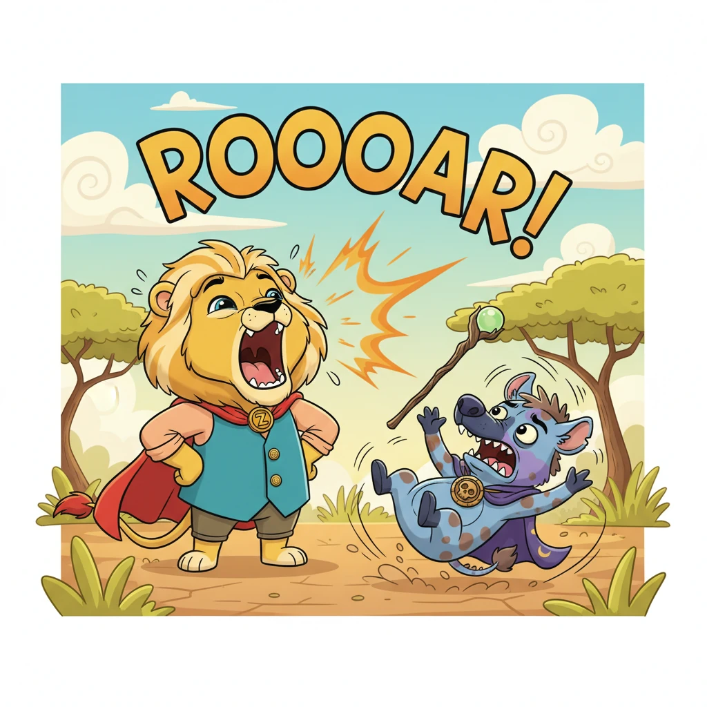 With an earth-shattering bellow, Leo unleashes a colossal "ROOOOAR!" that shakes the very ground and echoes through the entire savanna. The sound is so immense, so powerful, that the Evil Hyena's fur stands on end. His exaggerated face contorts in comical terror as he spins around, stumbling over his own feet in a frantic attempt to escape.