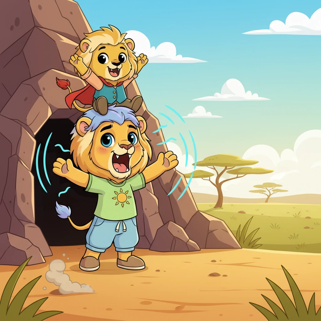 The Evil Hyena, a blur of panicked legs, flees into the distance, never to be seen again. Leo, now standing tall and proud, emerges from the cave, his roar truly found. Pip leaps onto his shoulder, cheering wildly, "You did it, Leo!" From that day on, Leo's mighty roar became the most respected sound in the savanna, a testament to his brave heart and true friendship.