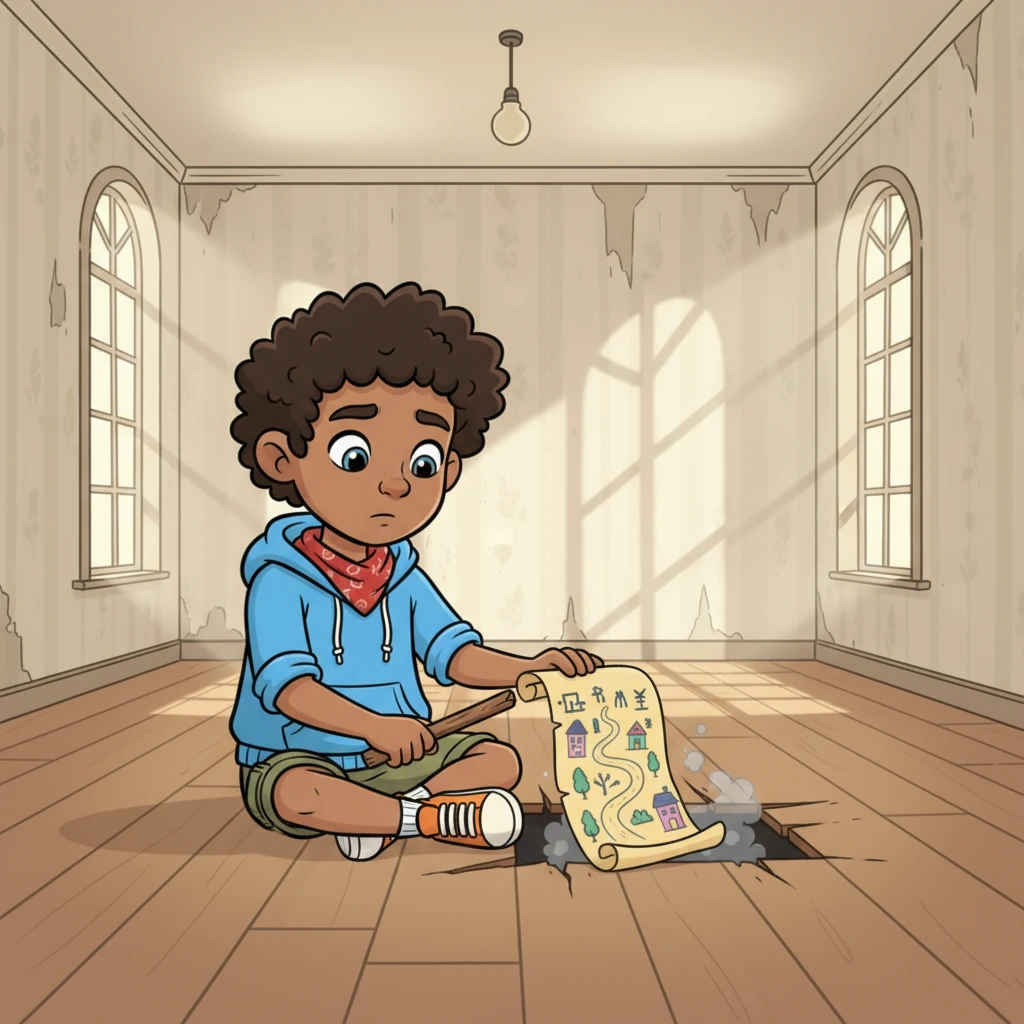 Leo, a small figure in a big, empty room, sits on a worn floorboard, feeling a bit lost in his new house. He pries open a loose board to reveal a dusty, rolled-up parchment with strange, faded symbols and a whimsical drawing of Cedar Street.