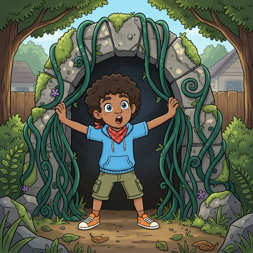 Following the map's whimsical 'X' to an overgrown lot behind his house, Leo pushes aside thick, curling vines. He gasps as he uncovers a crumbling, moss-covered stone archway, hinting at a forgotten entrance to somewhere mysterious.