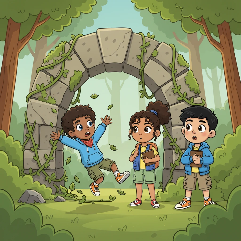 As Leo tries to clear the last of the vines from the archway, he tumbles right into Maya, a girl with bright, curious eyes, and Sam, a thoughtful boy with a notebook. They stare at each other, equally surprised to find someone else at their secret exploring spot.
