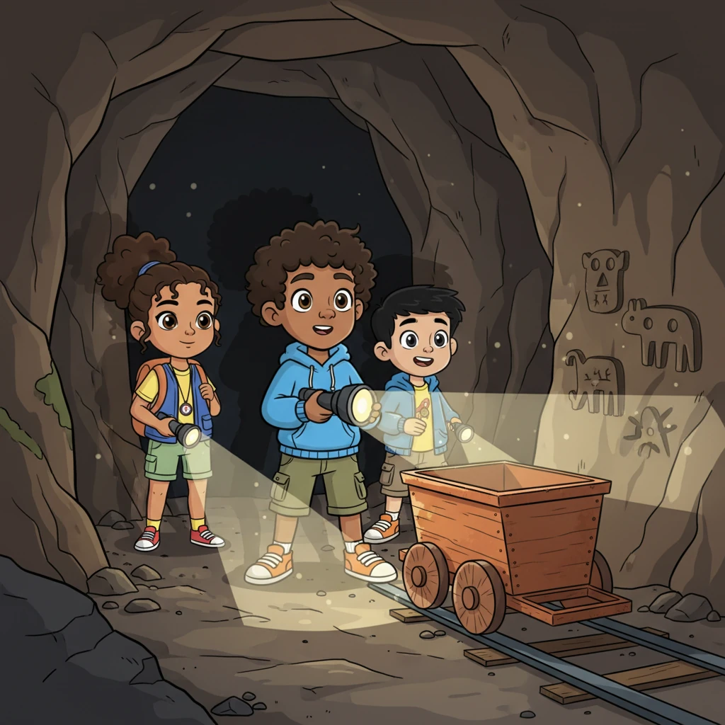 Armed with borrowed flashlights, the trio ventures into the dark tunnel, their beams dancing over ancient, rough-hewn walls. Playful shadows stretch long as they discover rusty mining carts and peculiar carvings that tell an old, silent story.