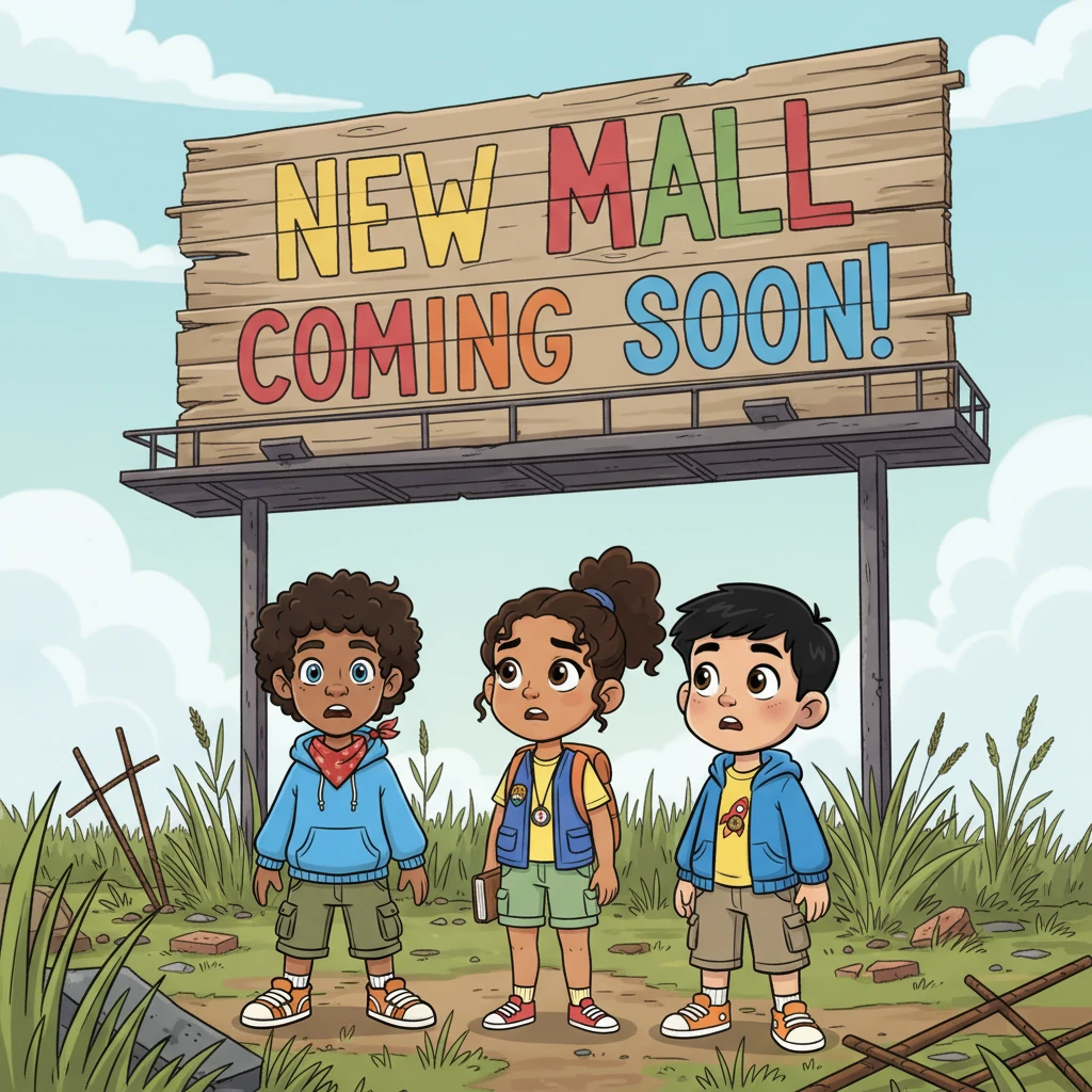Back above ground, a huge, exaggerated sign with bold, block letters announcing "NEW MALL COMING SOON!" looms over the overgrown lot. The kids look at each other with wide, worried eyes, realizing their secret world is in grave danger.