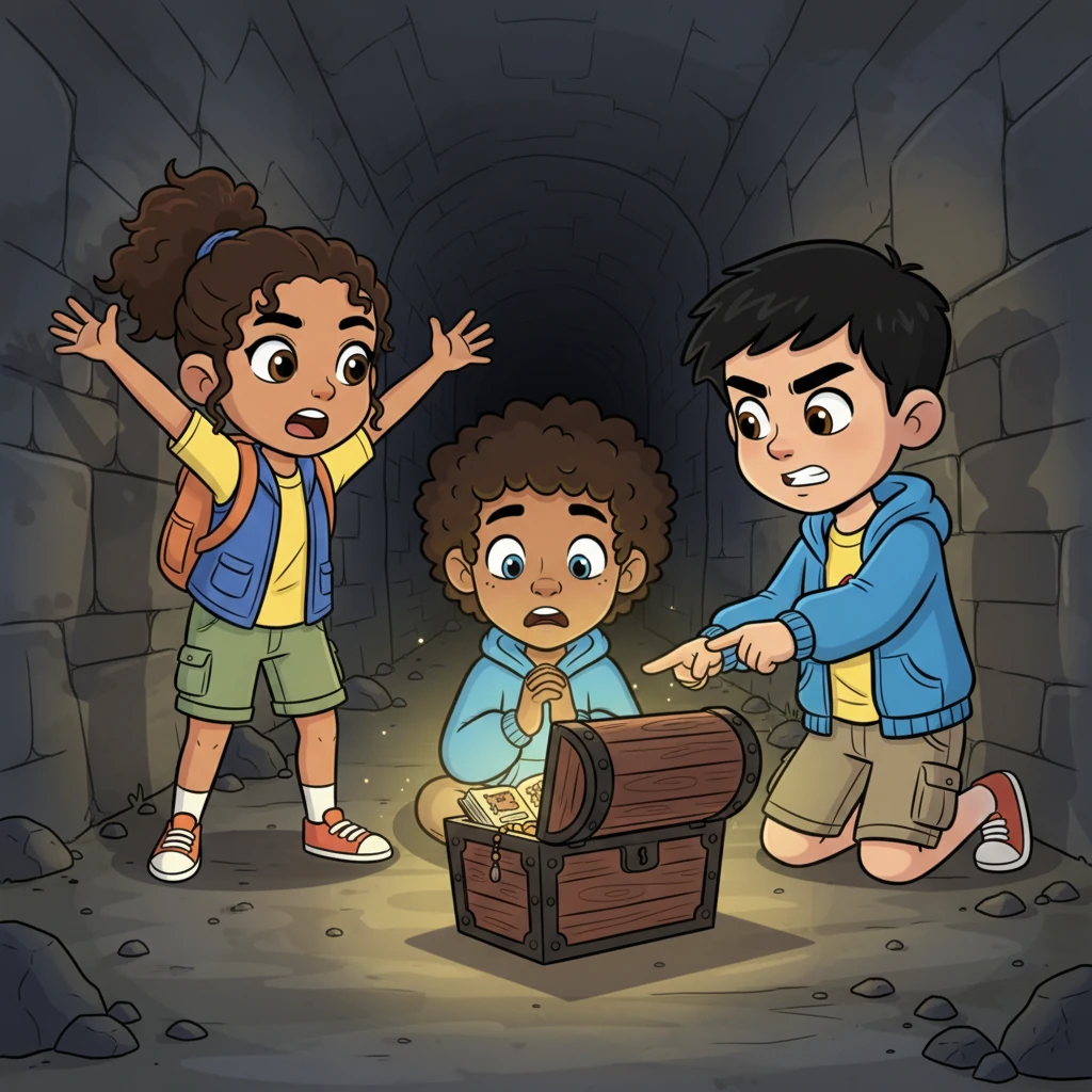 Inside the tunnel, the trio huddles around the chest, their faces etched with concern. Maya gestures wildly, wanting to tell adults, while Sam insists they must find the cornerstone first. Leo, caught in the middle, fears losing their hidden sanctuary forever.