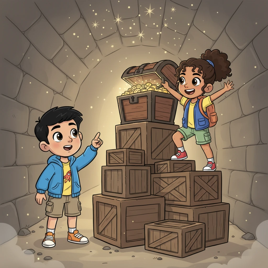 Working together, Sam points out a faint, star-like pattern on the tunnel ceiling, while Maya enthusiastically climbs a stack of old crates. With a triumphant grin, she pushes a cleverly hidden lever, revealing a secret compartment within the chest.
