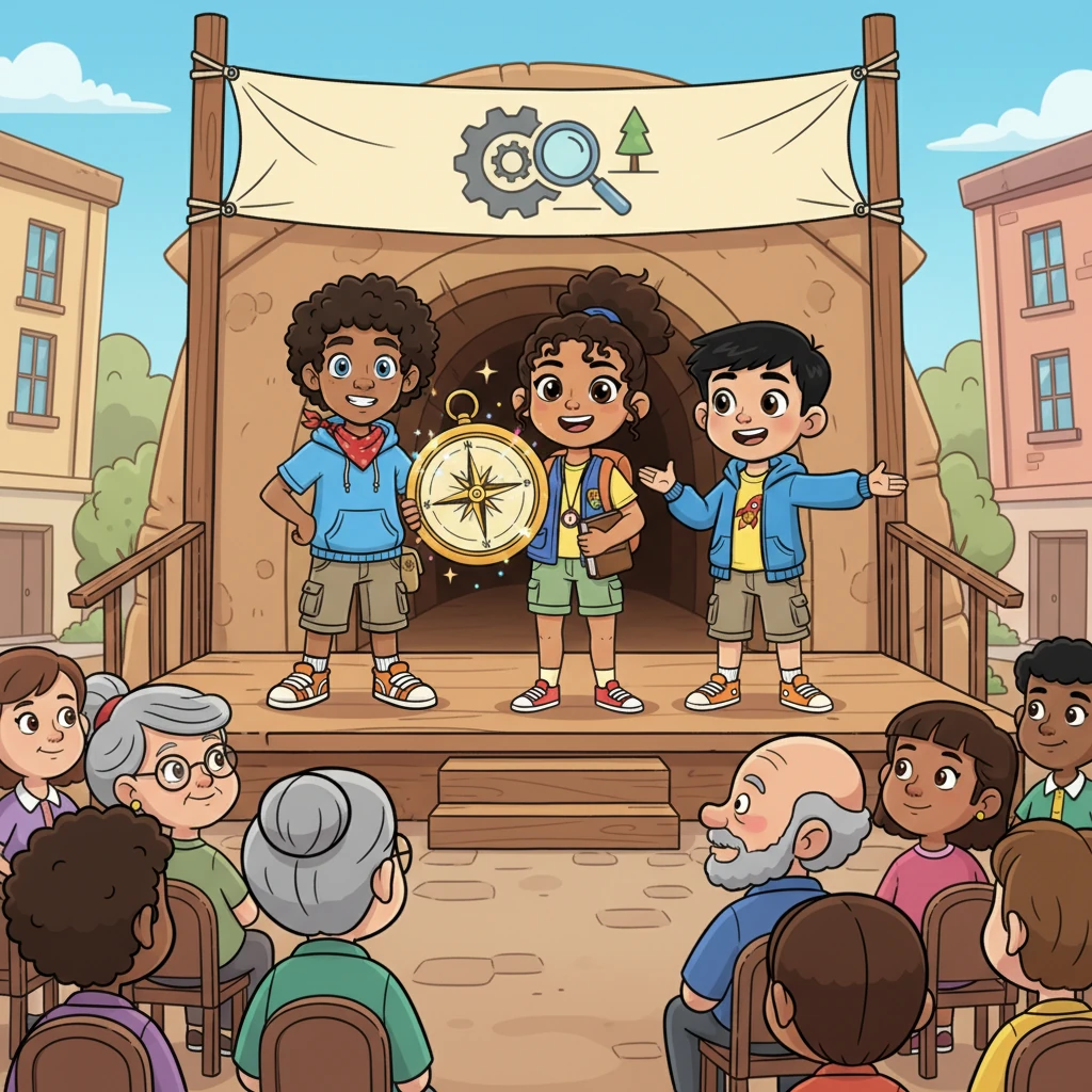 Leo, Maya, and Sam stand proudly before the town council, holding up the sparkling compass. Their once-invisible voices are now strong and clear, their friendship shining as they share the tunnel's forgotten story, saving their secret world and inspiring a whole town.