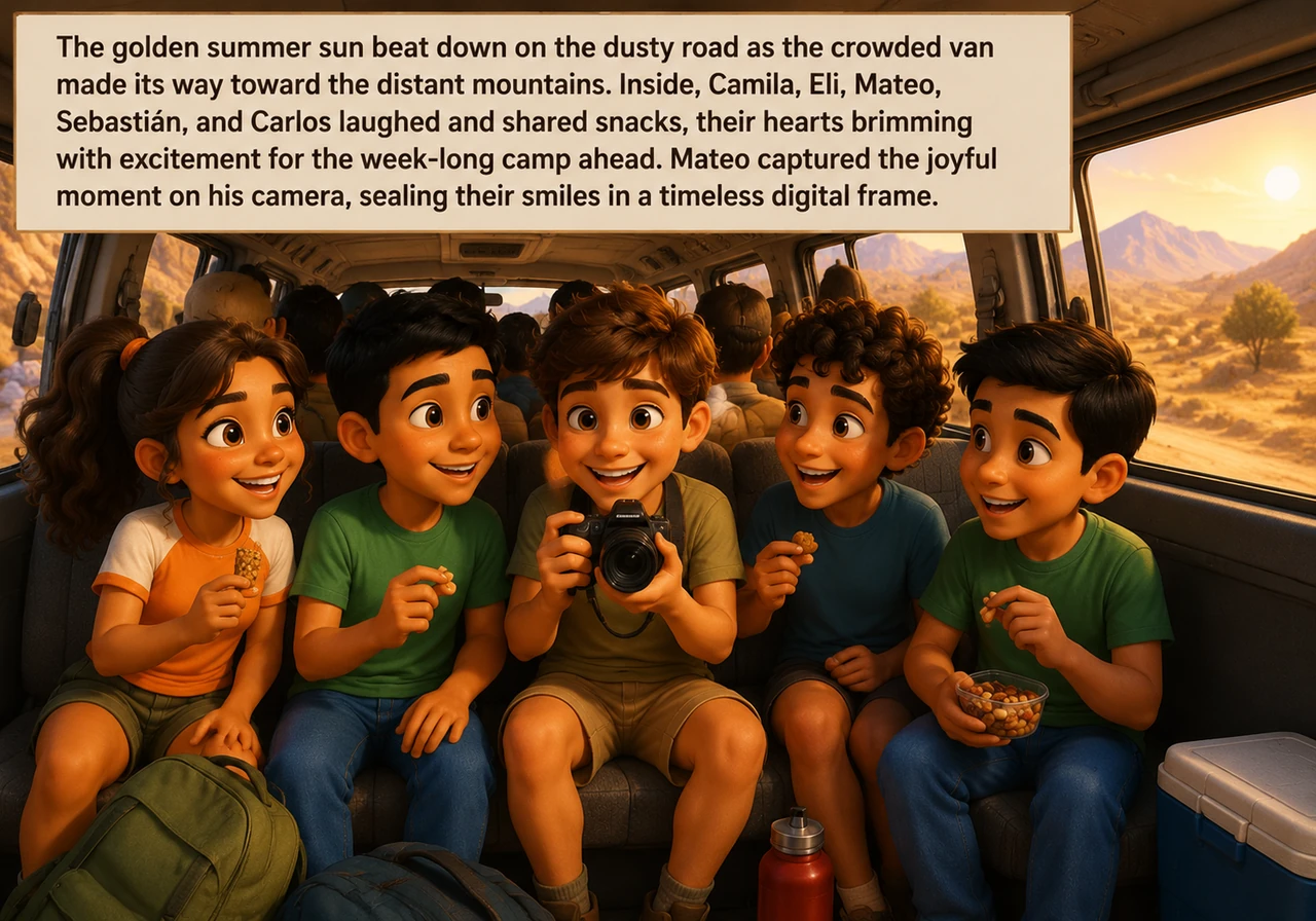 The golden summer sun beat down on the dusty road as the crowded van made its way toward the distant mountains. Inside, Camila, Eli, Mateo, Sebastián,