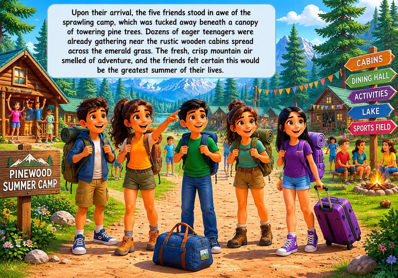 Upon their arrival, the five friends stood in awe of the sprawling camp, which was tucked away beneath a canopy of towering pine trees. Dozens of eage