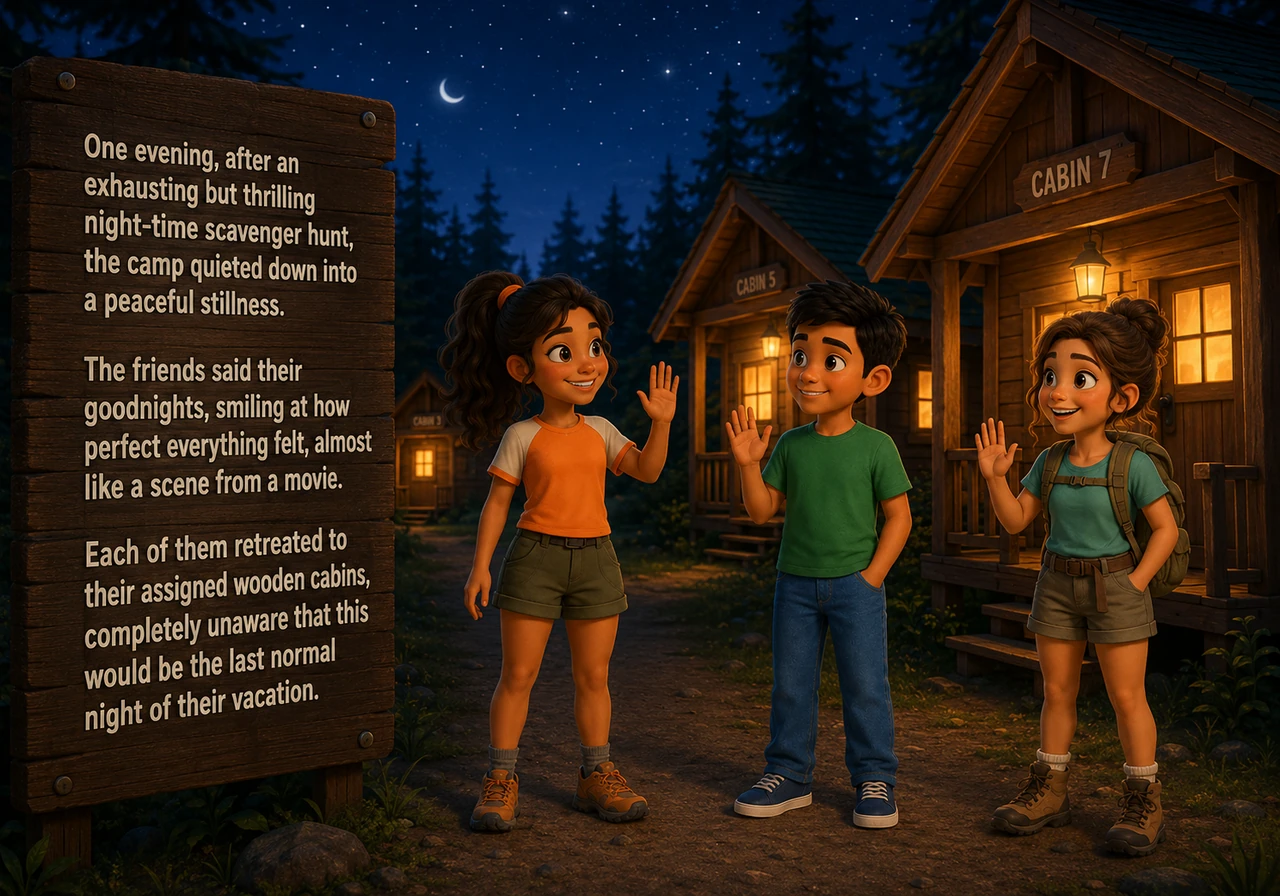 One evening, after an exhausting but thrilling night-time scavenger hunt, the camp quieted down into a peaceful stillness. The friends said their good