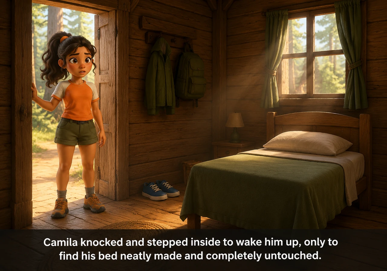The next morning, a bright sun filtered through the trees, but an eerie stillness hung over Carlos's cabin. Camila knocked and stepped inside to wake