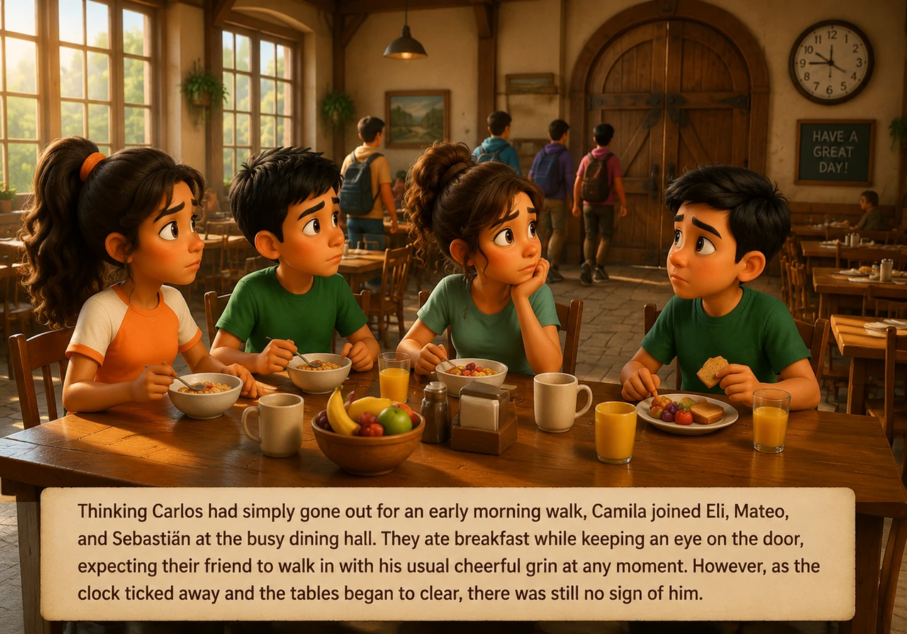 Thinking Carlos had simply gone out for an early morning walk, Camila joined Eli, Mateo, and Sebastián at the busy dining hall. They ate breakfast whi