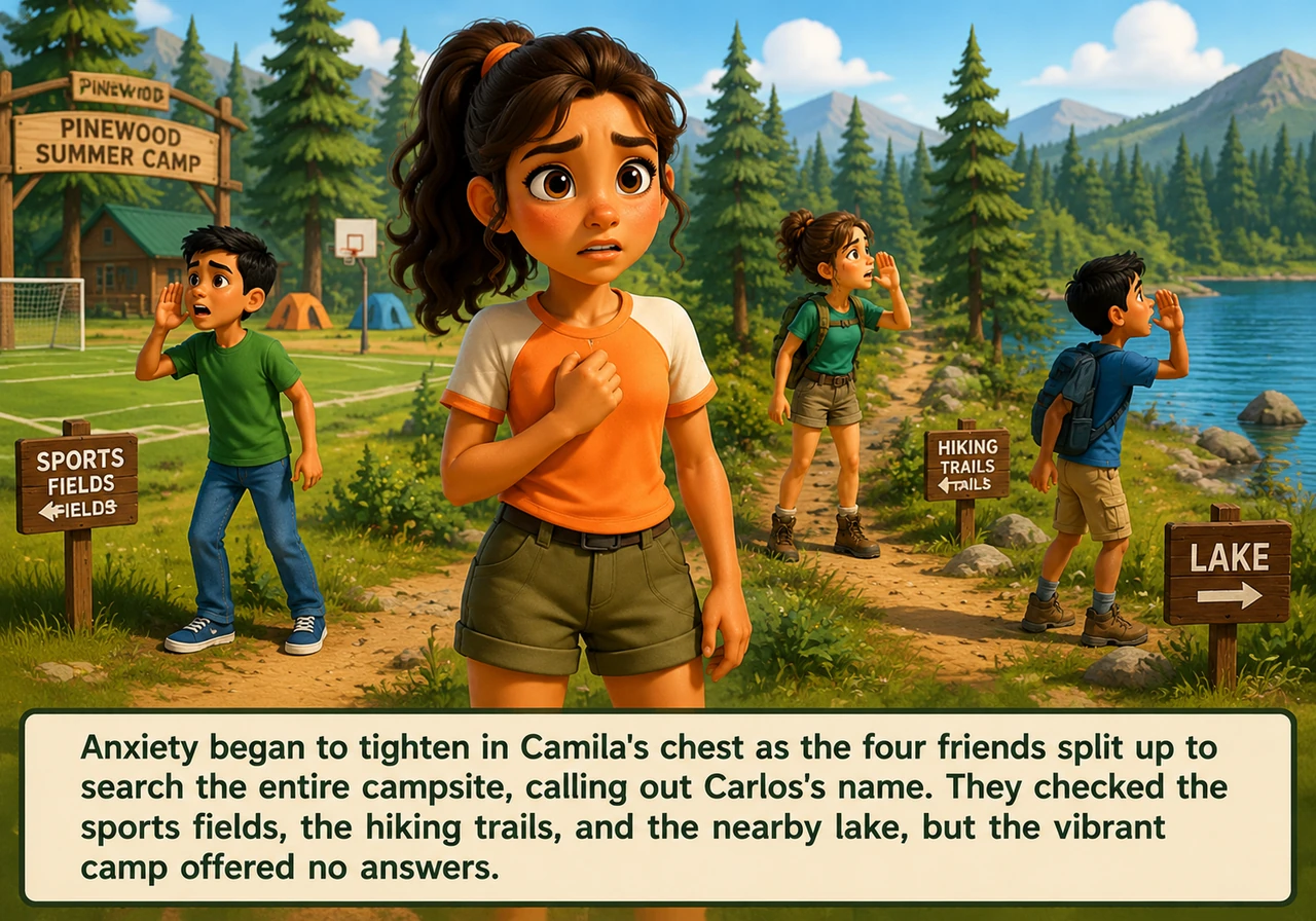 Anxiety began to tighten in Camila's chest as the four friends split up to search the entire campsite, calling out Carlos's name. They checked the spo