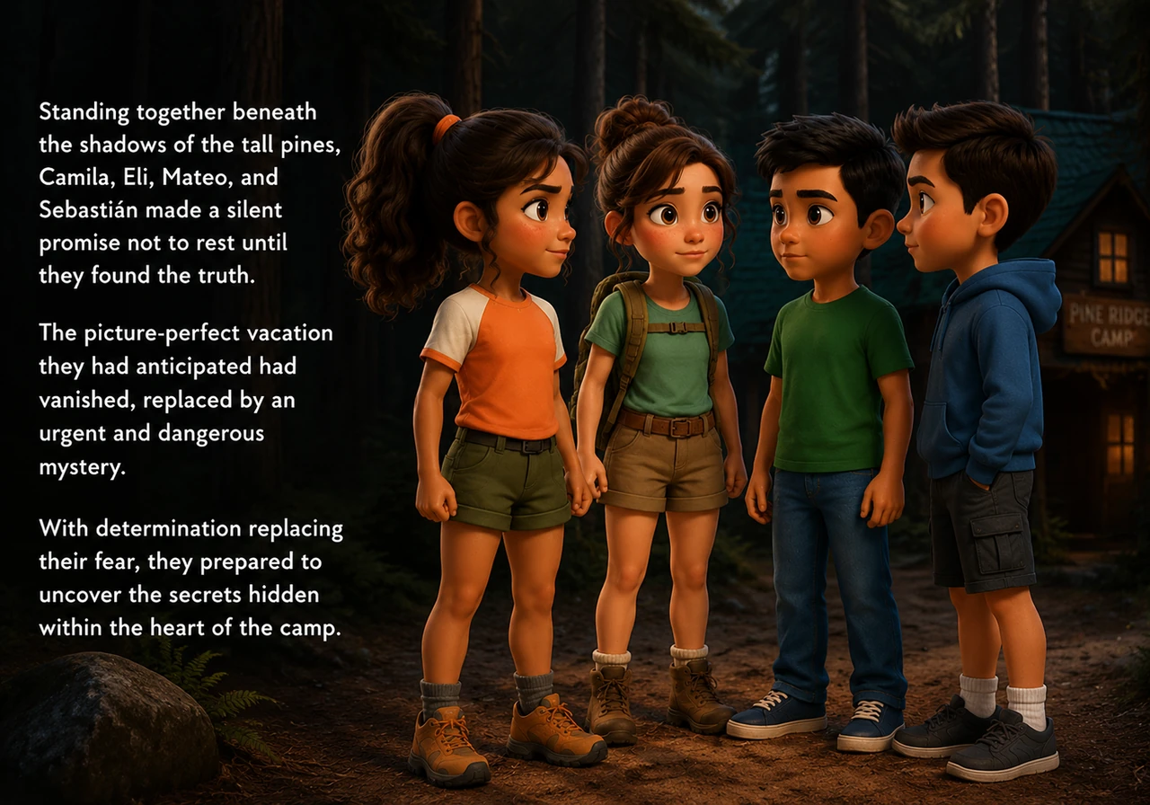 Standing together beneath the shadows of the tall pines, Camila, Eli, Mateo, and Sebastián made a silent promise not to rest until they found the trut