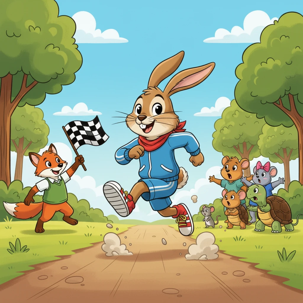 The next morning, all the forest animals gathered. The fox waved a flag, and the race began! Herbert shot off like a rocket, leaving Tilly far behind.