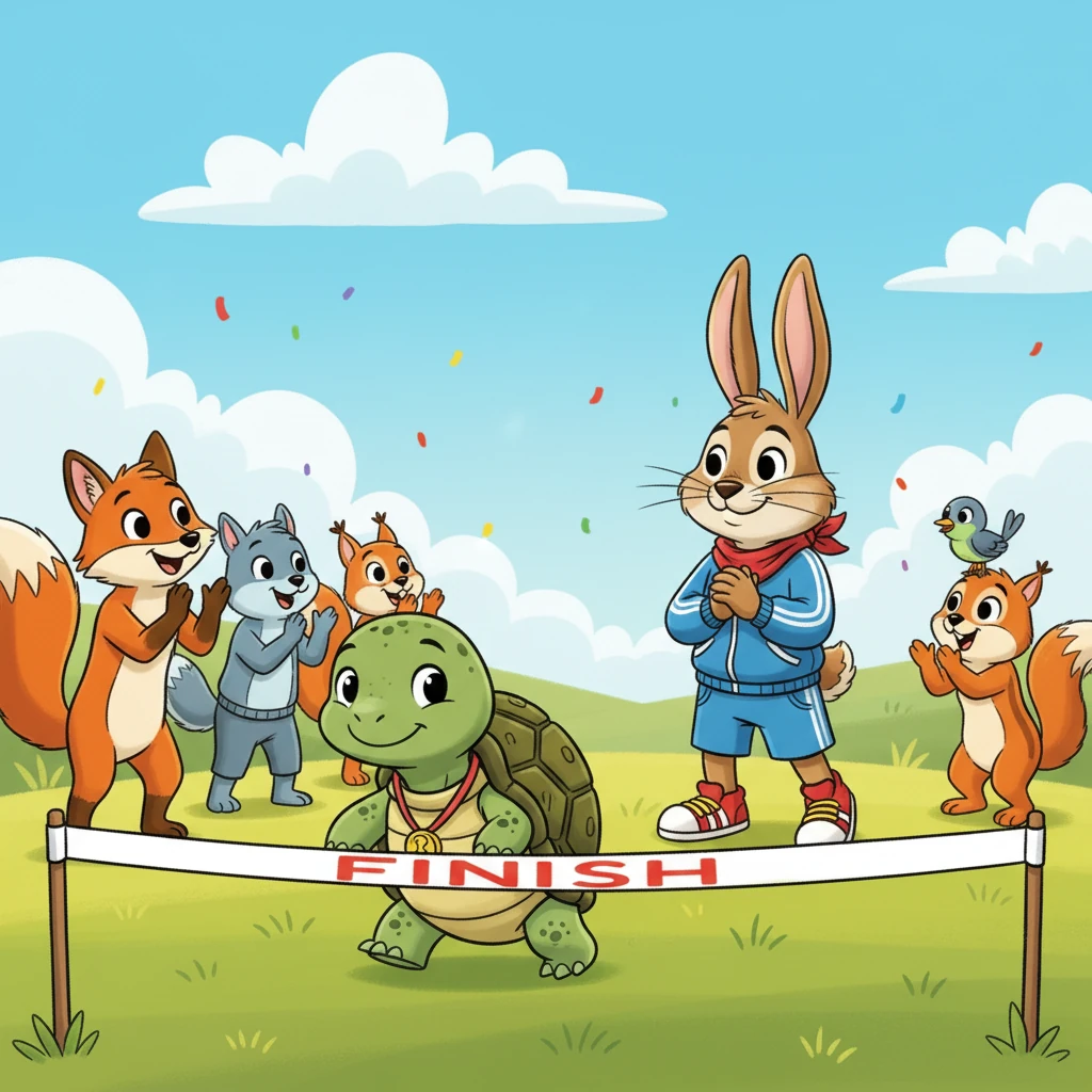 Tilly the Tortoise, with a gentle smile, had just crossed the finish line! All the animals cheered for Tilly, who proved that slow and steady truly wins the race.