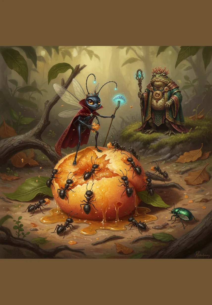 A fallen, overripe peach discovered by the scouts triggered a frenzy of excitement within the colony. GretANT watched as her sisters began to dismantle the fruit with a speed that felt more like desperation than necessity, their focus narrowing to the sweet prize.