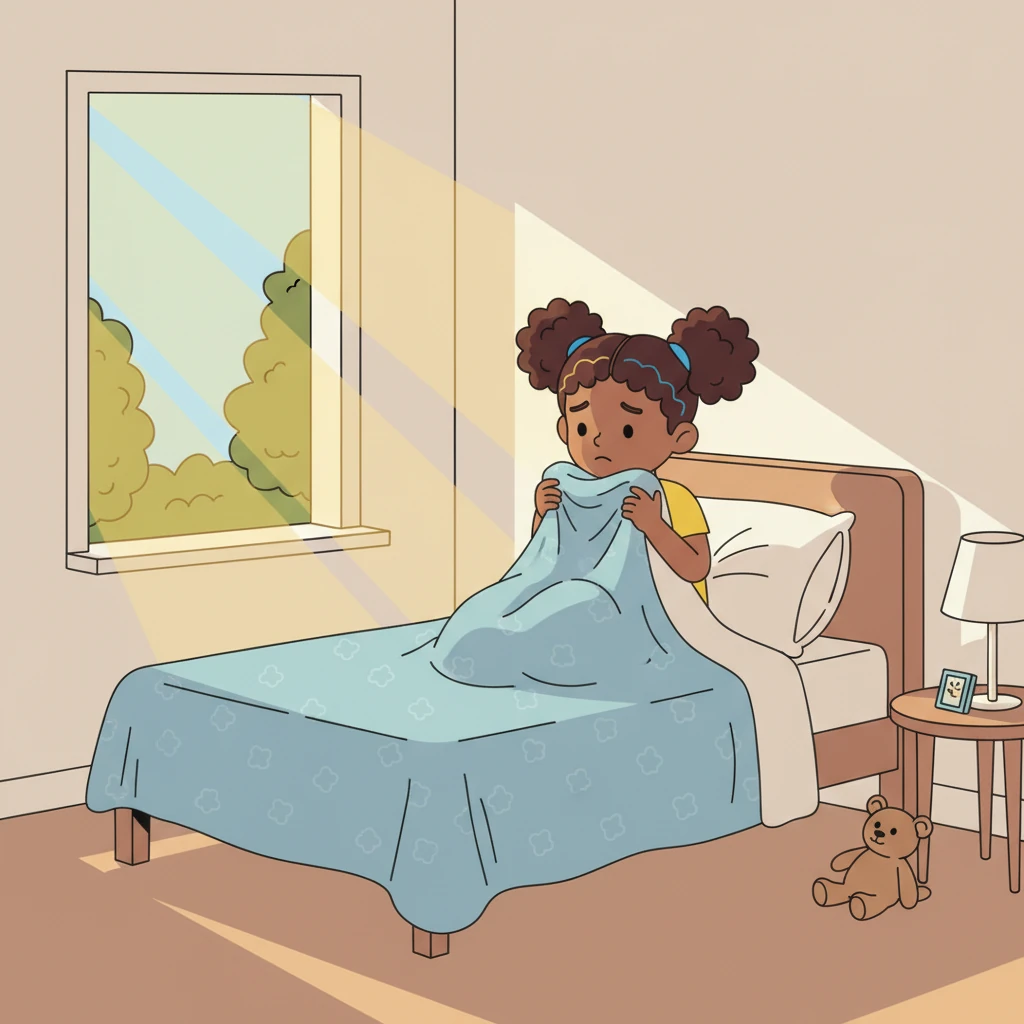 The morning sun peeked through Gracie's window, but a tiny flutter started in her tummy. She pulled her cozy blanket closer, wishing the day wouldn't begin. Preschool felt like a big, unknown place, and her tummy felt wobbly just thinking about it.