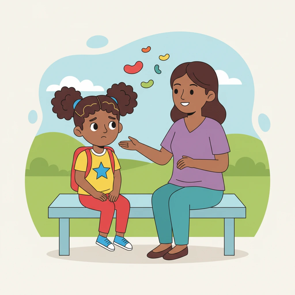 Mama sat beside Gracie, her smile warm and gentle. "Worries are like tiny, wobbly jellybeans, sweet pea," she explained. "They can feel big and bouncy inside, but we can learn to make them small and quiet."