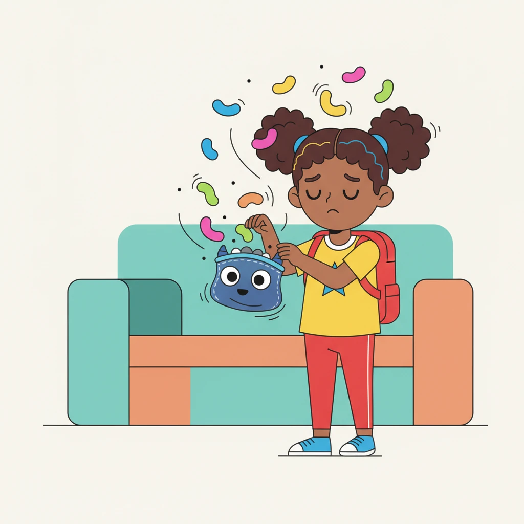 Gracie imagined her worries as bright, colorful jellybeans, wiggling and jiggling. She carefully scooped each one up in her mind and tucked them into Barnaby's special, secret worry pouch. Instantly, they became tiny and still.