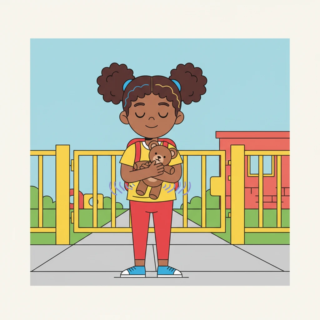 At the preschool gate, a little jellybean worry tried to pop back out. Gracie squeezed Barnaby, remembering her jellybean trick. She took a deep breath and imagined the worry shrinking back into the pouch.