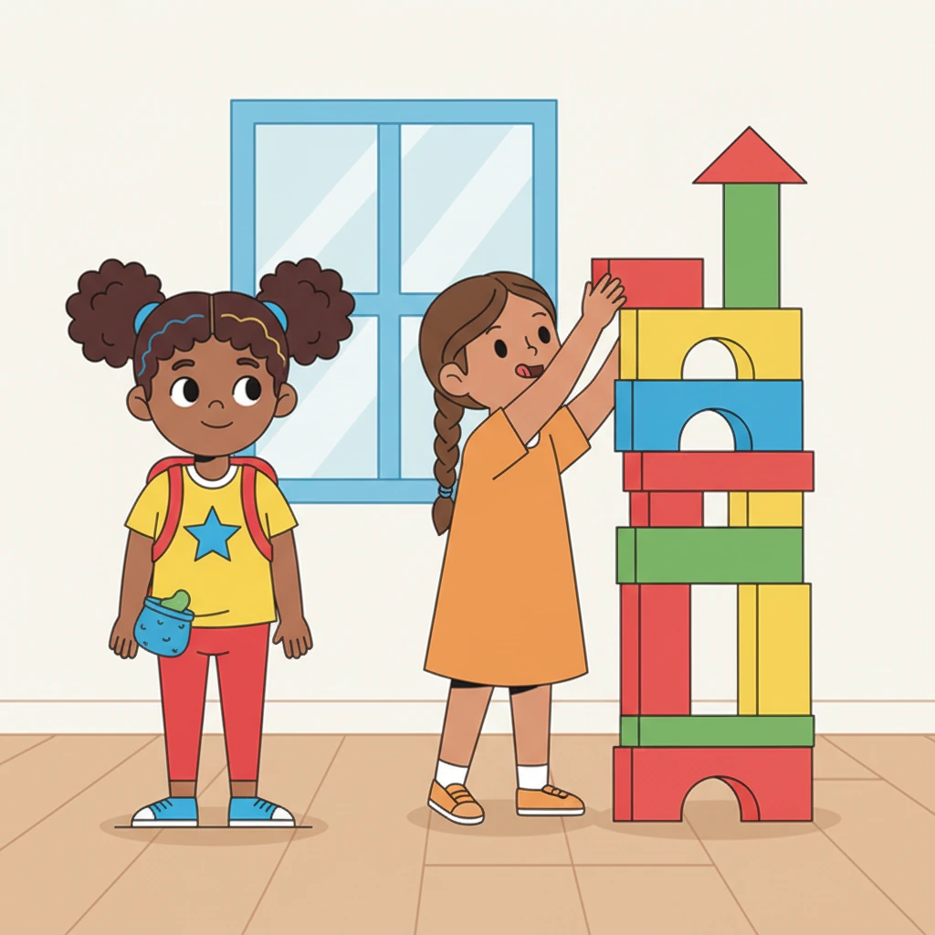 Inside, Gracie saw her friend Lily building a magnificent tower of blocks. A small smile appeared on Gracie's face. The jellybean worry in Barnaby's pouch felt even smaller, almost silent.