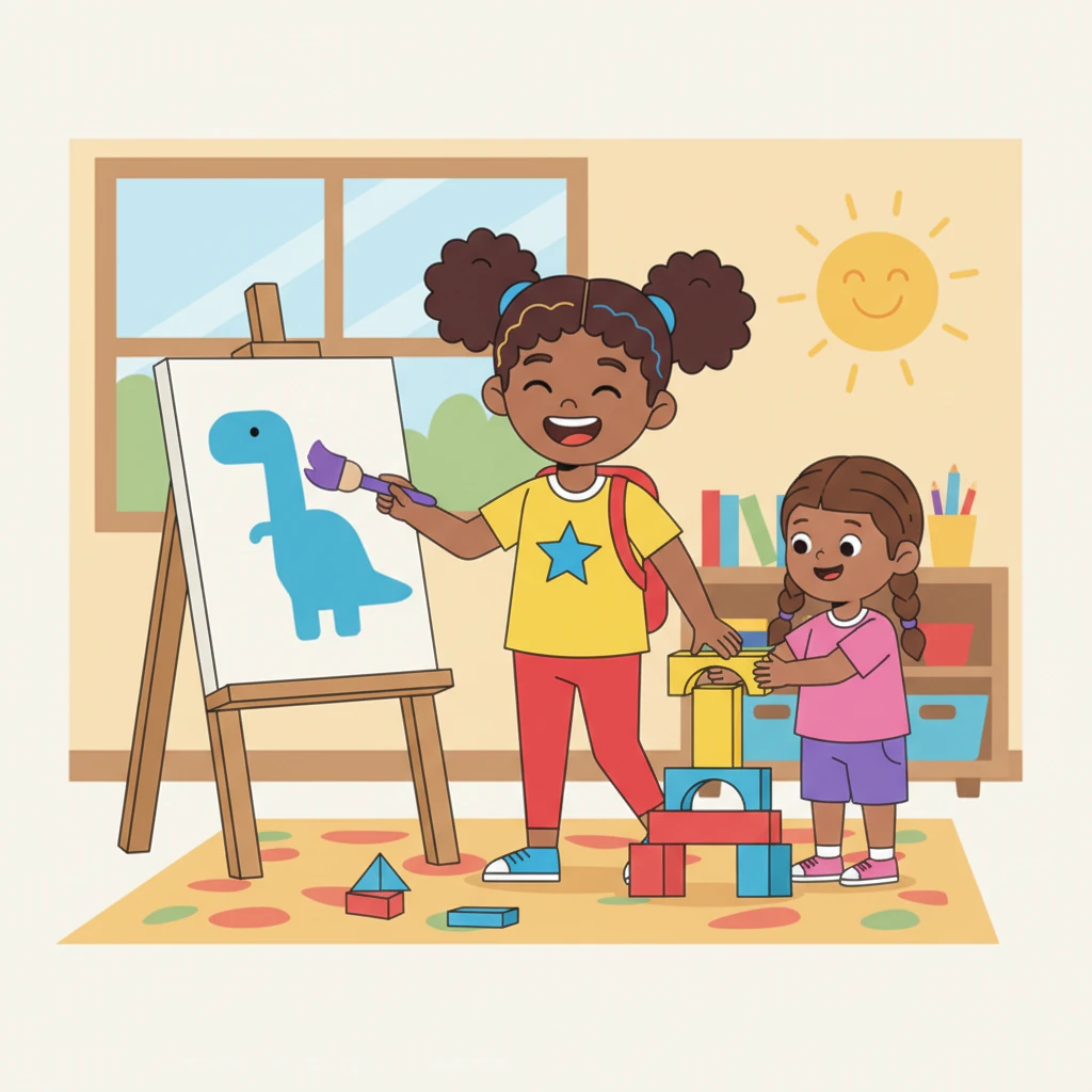 Soon, Gracie was laughing, helping Lily stack blocks, and painting a bright purple dinosaur. The wobbly jellybean worries were completely gone, replaced by giggles and happy sounds. Preschool was actually fun!