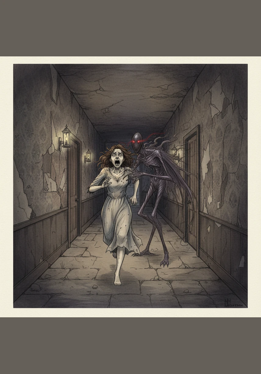 She fled into the hallway, her heart hammering against her ribs like a trapped bird. She snapped a photo toward the stairs, hoping to see nothing but the carpeted steps. Instead, the photo showed the entity halfway up the flight, its featureless face tilted upward as if sniffing the air for her scent.