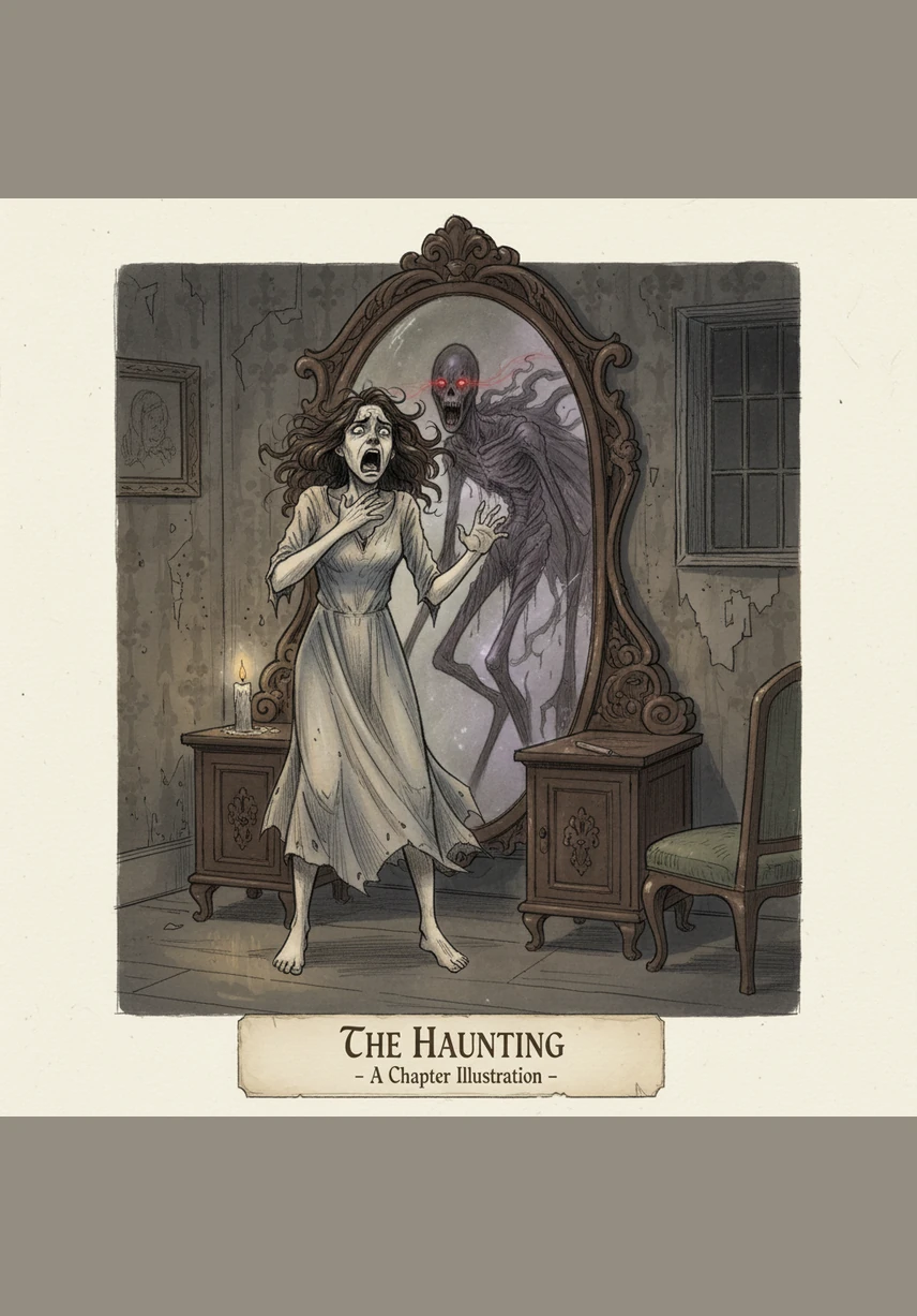 She looked up at the ceiling, but it was smooth and white. She took a desperate photo of the vanity mirror, hoping the flash would blind whatever was hunting her. The reflection in the photo showed her screaming, while a pair of pale, elongated hands reached out from the mirror’s surface to grab her shoulders.