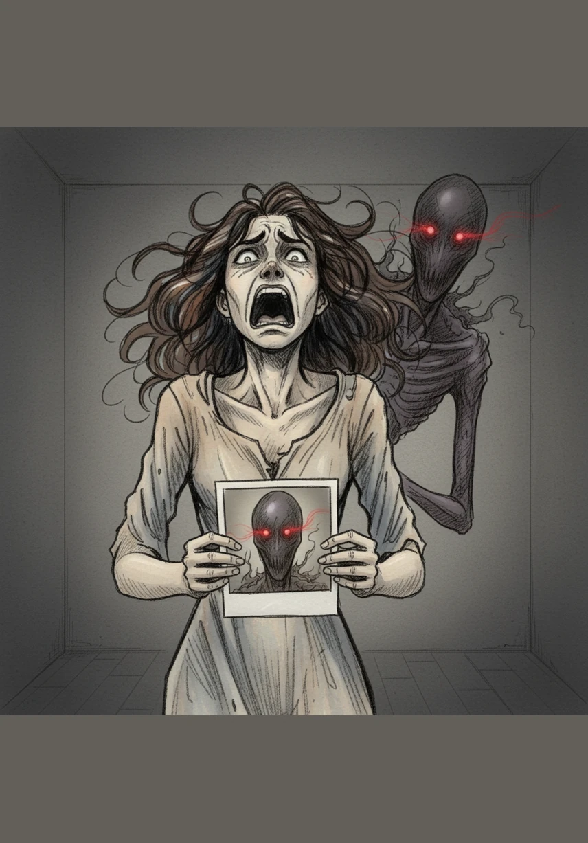 Each new photo showed the shadow entity closer than the last, its distorted face now inches away from the lens. Elara felt a cold pressure on the back of her neck, though she was still alone in the locked room. She looked down at the final photo emerging from the camera, her hands trembling so hard she could barely hold it.