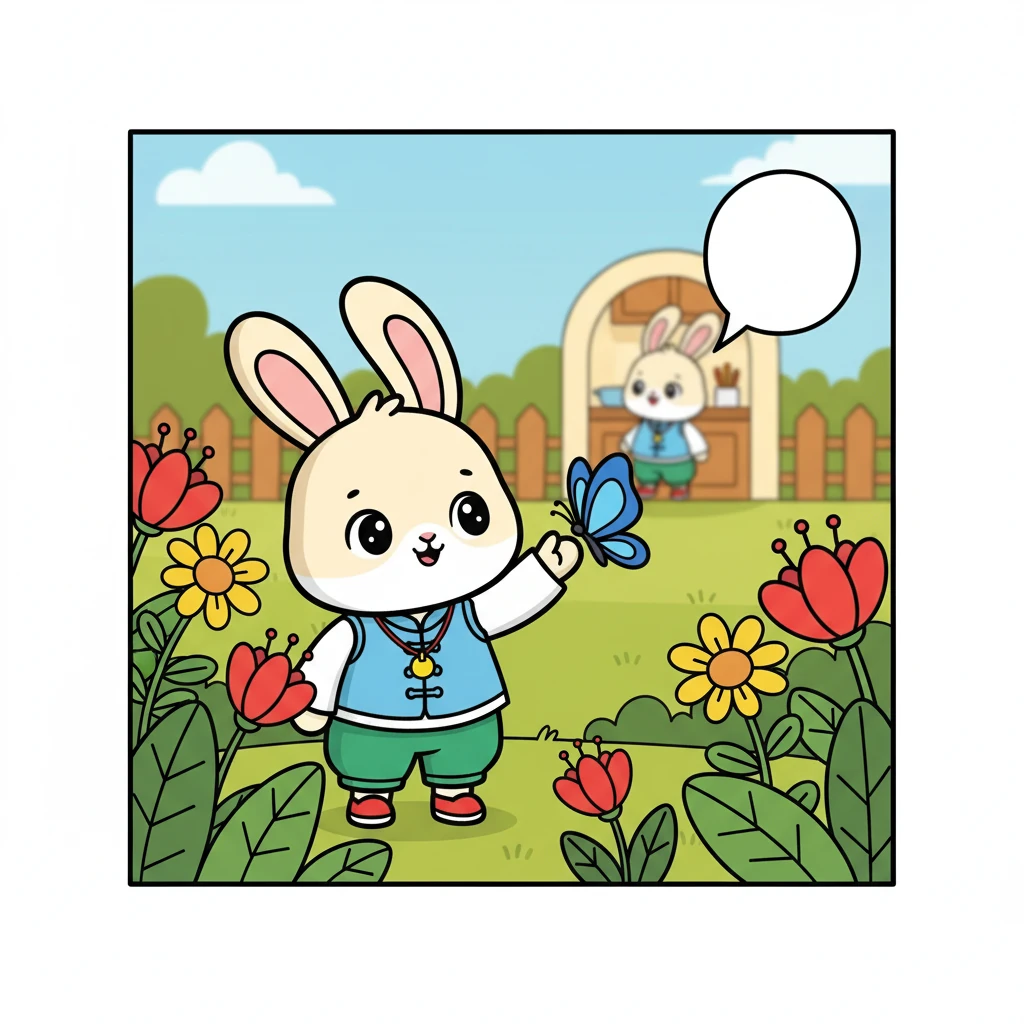 画面：小耳朵在花园里玩耍，妈妈在厨房门口喊她吃饭，小耳朵一脸疑惑地看着远方，妈妈的身影模糊。