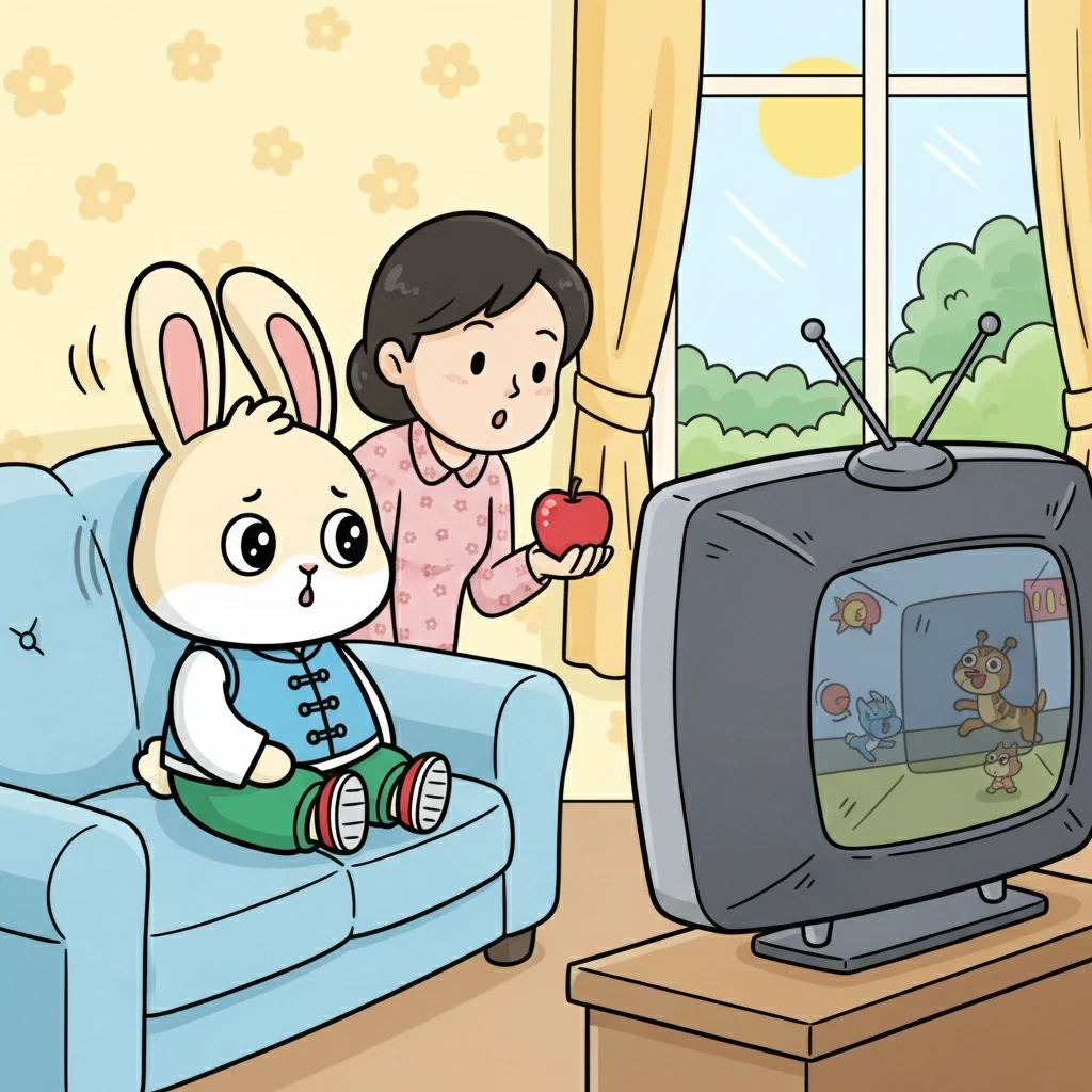 有一天，小耳朵坐在沙发上看电视，电视里播放着有趣的动画片。妈妈在旁边轻声问她：“小耳朵，你想吃苹果吗？”但小耳朵完全沉浸在动画片里，没有听到妈妈的话。